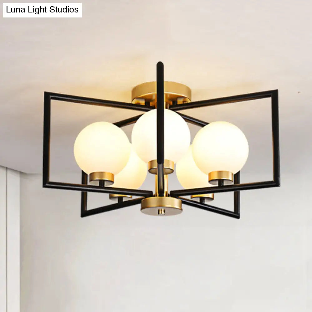 Traditional White Glass Flush Mount Ceiling Fixture With 5 Lights For Living Room