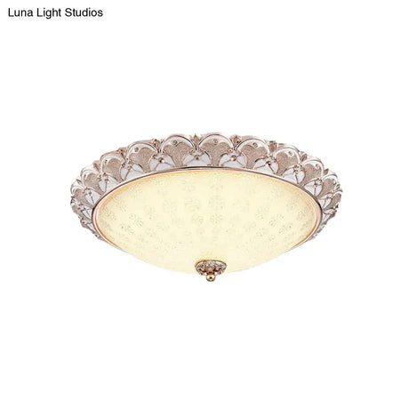 Traditional White Glass Led Flush Mount With Carved Trim – Bowl - Shaped Bedroom Beige Flushmount
