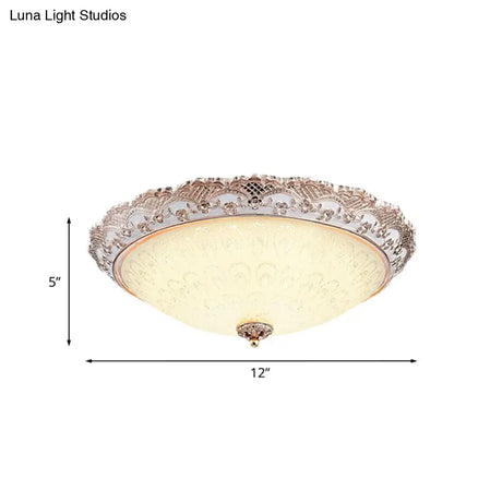 Traditional White Glass Led Flush Mount With Carved Trim – Bowl - Shaped Bedroom Beige Flushmount