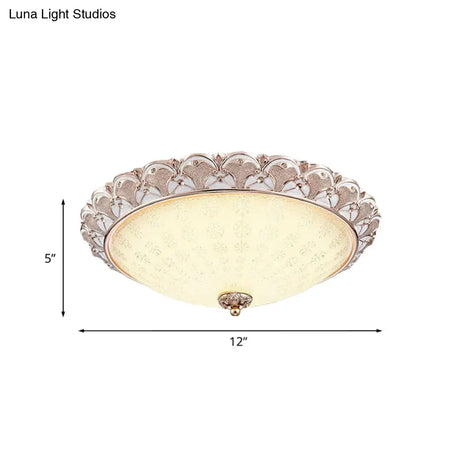 Traditional White Glass Led Flush Mount With Carved Trim – Bowl - Shaped Bedroom Beige Flushmount