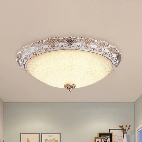 Traditional White Glass Led Flush Mount With Carved Trim – Bowl - Shaped Bedroom Beige Flushmount