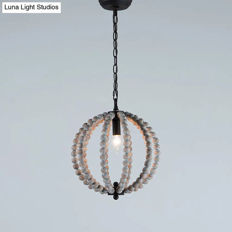 Traditional Wood Beaded Sphere Pendant Chandelier With Inner Candelabra Design