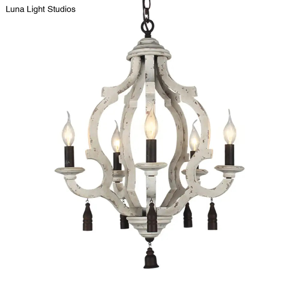 Traditional Wood Ceiling Light: 5-Light Dark/Wood/White Lantern Chandelier For Bedroom