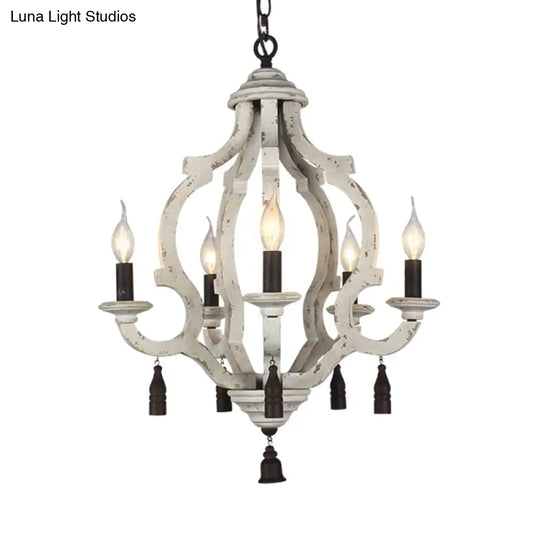 Traditional Wood Ceiling Light: 5-Light Dark/Wood/White Lantern Chandelier For Bedroom