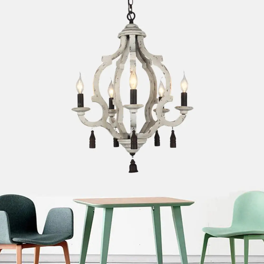 Traditional Wood Ceiling Light: 5-Light Dark/Wood/White Lantern Chandelier For Bedroom White