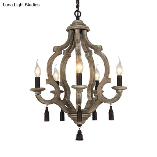 Traditional Wood Ceiling Light: 5-Light Dark/Wood/White Lantern Chandelier For Bedroom