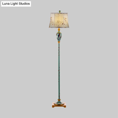Traditional Wood Floor Lamp: Green Patterned Vase Stand With Bell Fabric Shade