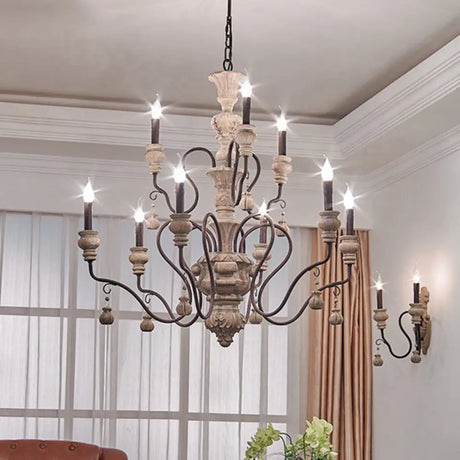 Traditional Wooden Candelabra Ceiling Chandelier For Dining Room With Curved Rustic Arm 9 / Rust