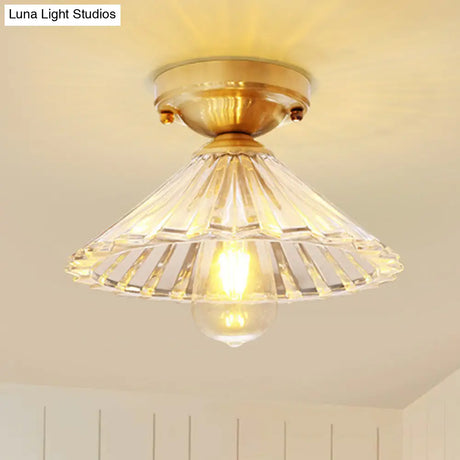 Traditionary Ribbed Glass Semi Flush Ceiling Light Fixture In Brass - Ideal For Bedroom