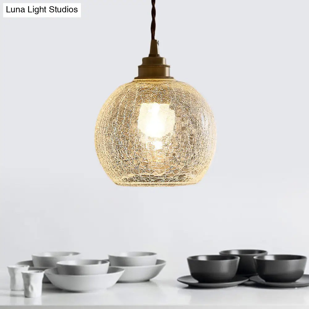 Translucent Crackle Glass 1-Light Pendant Light - Minimalist Spherical Design For Dining Room