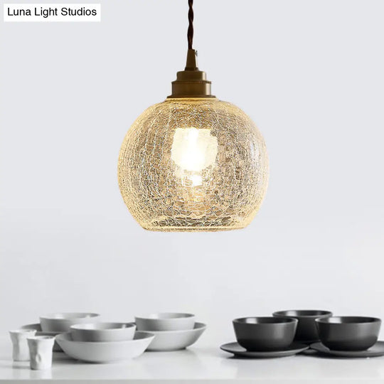 Translucent Crackle Glass 1-Light Pendant Light - Minimalist Spherical Design For Dining Room