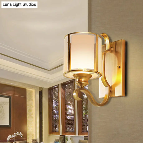Translucent Glass Cylinder Sconce Vintage Wall Lamp Fixture With Curved Arm - Gold 1/2-Light Corner