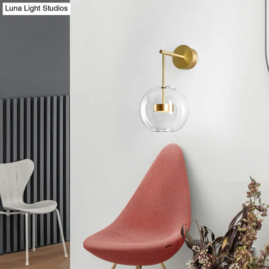 Transparent Glass Bedside Led Wall Lamp In Gold - Minimalist Sphere Hanging Light