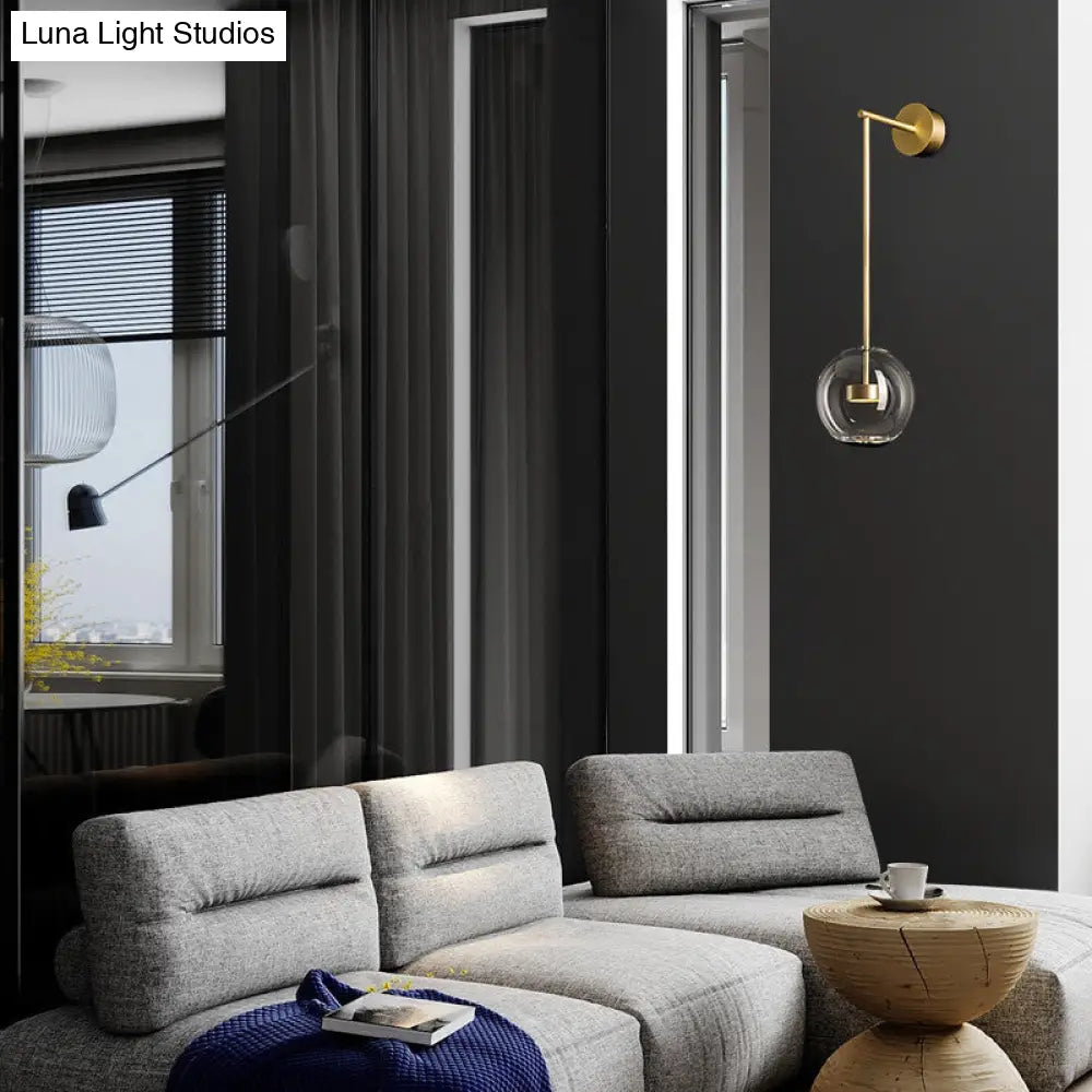 Transparent Glass Bedside Led Wall Lamp In Gold - Minimalist Sphere Hanging Light