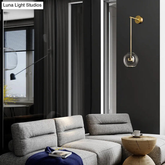 Transparent Glass Bedside Led Wall Lamp In Gold - Minimalist Sphere Hanging Light