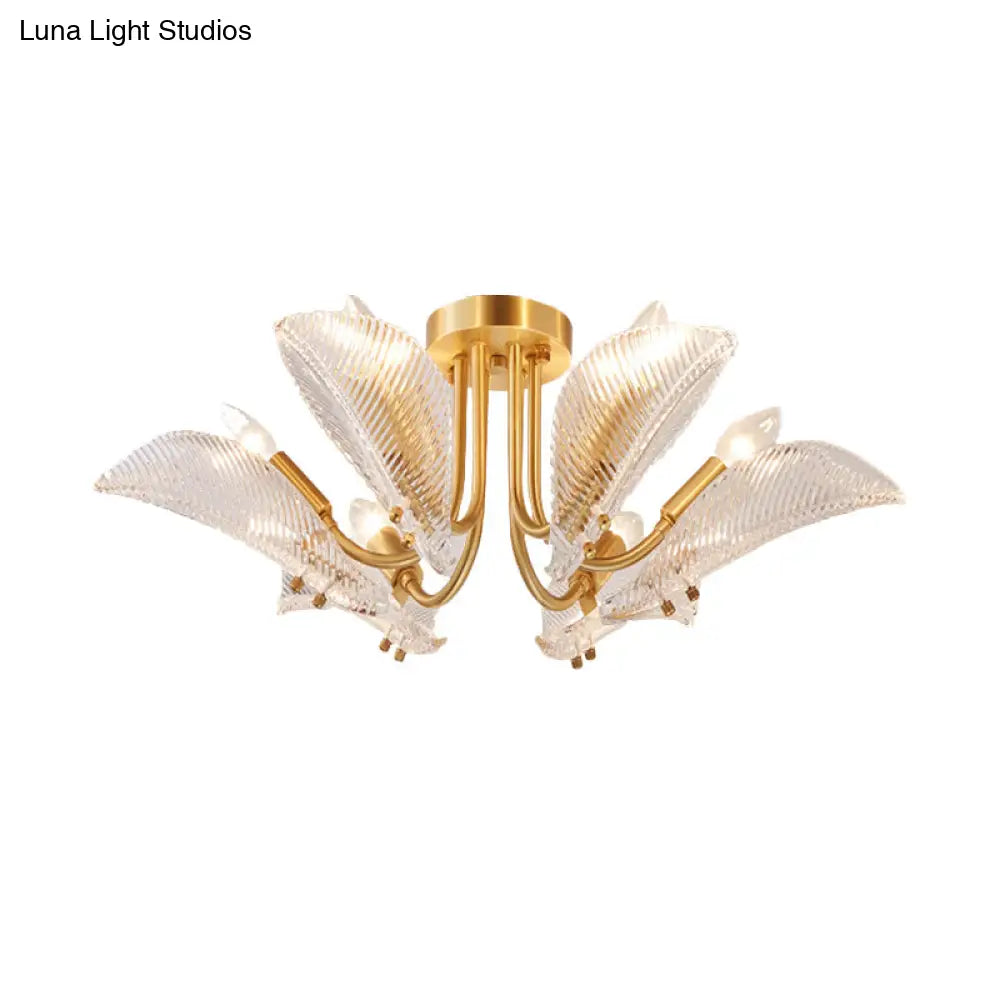 Transparent Glass Ceiling Lamp With Brass Leaf Design - Semi Flush Mount Light For Bedroom (6 Heads)