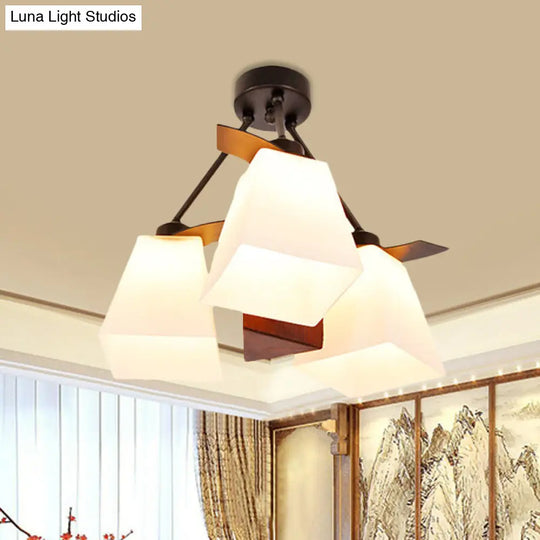 Trapezoid Semi Flush Ceiling Lamp With White Glass And Wood Cylinder Shade - 3/5 Lights / A