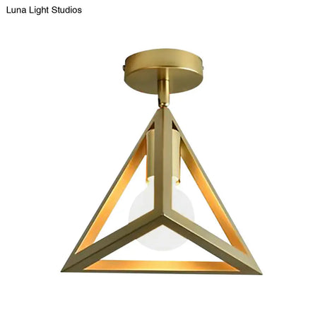 Triangle Brass Semi - Flush Bedroom Ceiling Lamp With Industrial Wire Frame