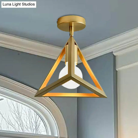 Triangle Brass Semi - Flush Bedroom Ceiling Lamp With Industrial Wire Frame