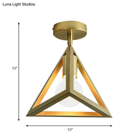 Triangle Brass Semi - Flush Bedroom Ceiling Lamp With Industrial Wire Frame