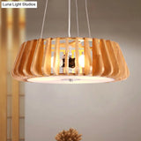 Triple Light Wooden Drum Chandelier For Modern Restaurant Decor