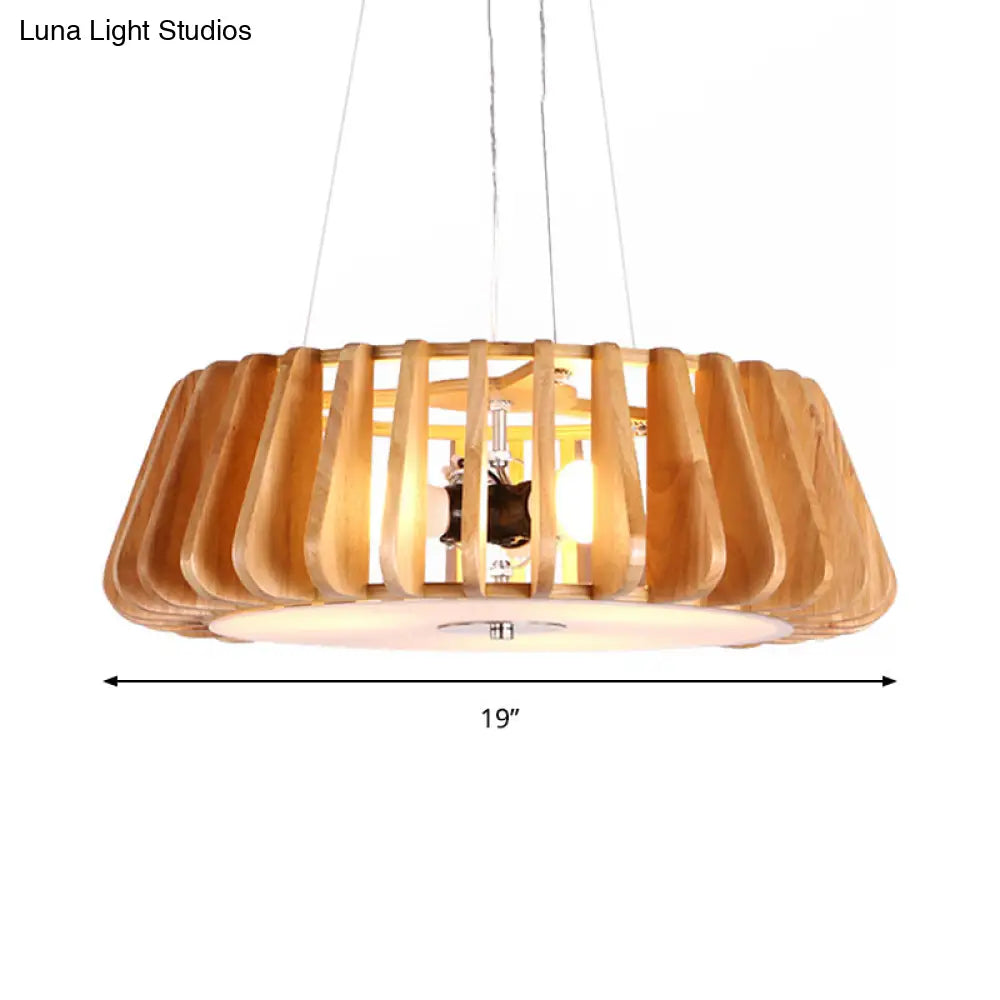Triple Light Wooden Drum Chandelier For Modern Restaurant Decor