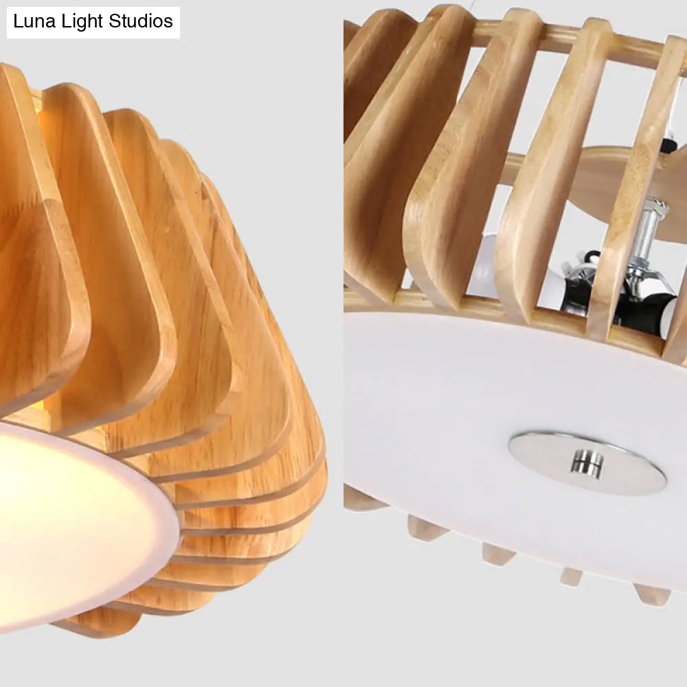 Triple Light Wooden Drum Chandelier For Modern Restaurant Decor