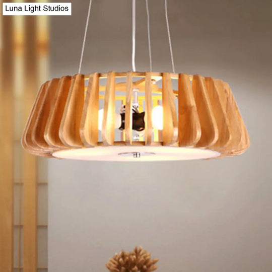 Modern Wooden Drum Chandelier: Triple Light Pendant For Restaurant Ceiling