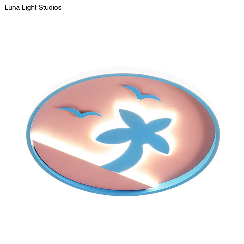 Tropical Beach Kids Led Flush Mount Ceiling Light - Pink And Blue With Circle Acrylic Shade