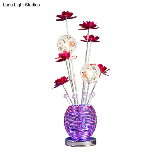 Spherical Led Rose Table Lamp: Pink/Red Aluminum Decorative Nightstand Light For Bedroom