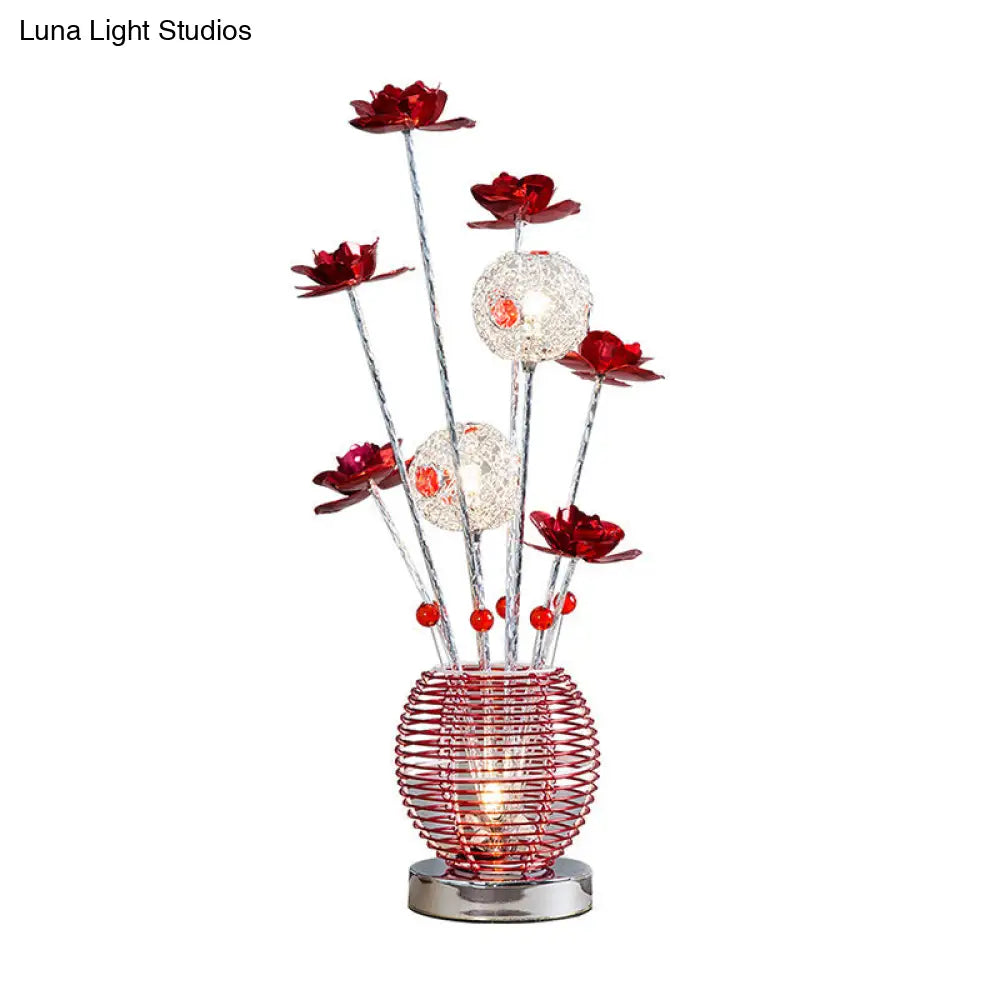 Spherical Led Rose Table Lamp: Pink/Red Aluminum Decorative Nightstand Light For Bedroom