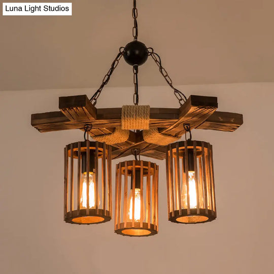 Tseen Kee - Vintage Wood Brown Chandelier Cylinder Pendant Light (3/6-Light)