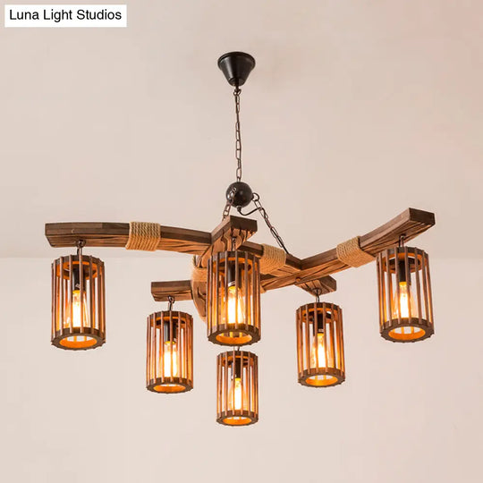 Tseen Kee - Vintage Wood Brown Chandelier Cylinder Pendant Light (3/6-Light)