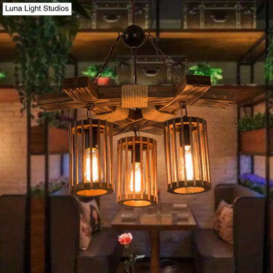 Tseen Kee - Vintage Wood Brown Chandelier Cylinder Pendant Light (3/6-Light) 3 /