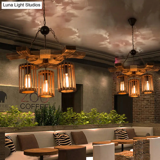 Tseen Kee - Vintage Wood Brown Chandelier Cylinder Pendant Light (3/6-Light)