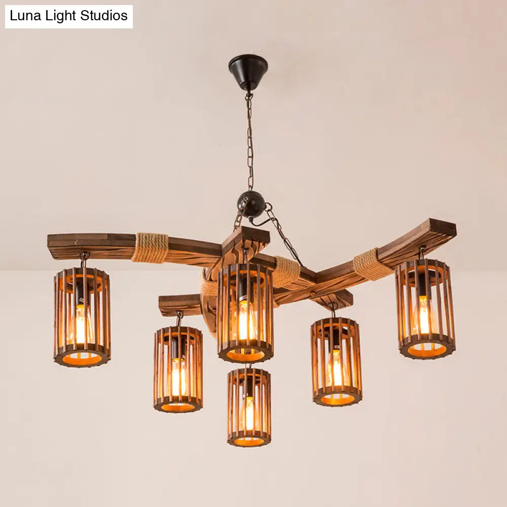 Tseen Kee - Vintage Wood Brown Chandelier Cylinder Pendant Light (3/6-Light)