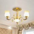 Tulip Flower Semi Flush Gold Ceiling Light For Modern Bedrooms - 3 - Light Milk Glass