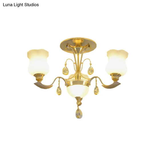 Tulip Flower Semi Flush Gold Ceiling Light For Modern Bedrooms - 3-Light Milk Glass