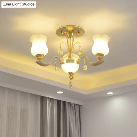 Tulip Flower Semi Flush Gold Ceiling Light For Modern Bedrooms - 3 - Light Milk Glass