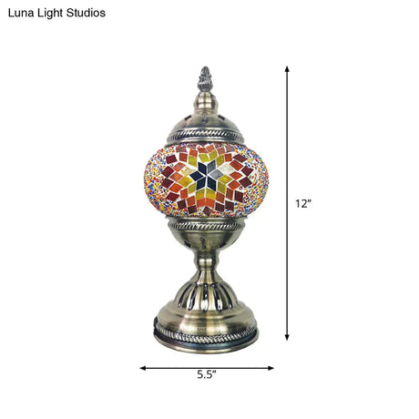 Turkish 1-Light Stained Glass Globe Table Lamp With Sunflower Pattern In Bronze Perfect Nightstand