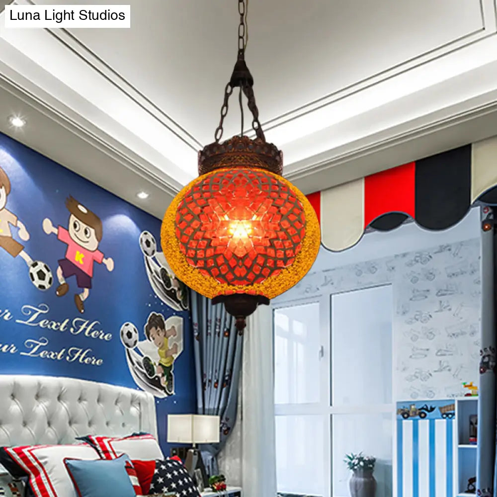Turkish Handcrafted Art Glass Hanging Pendant Light Fixture - 1 Head Blue/Orange Red