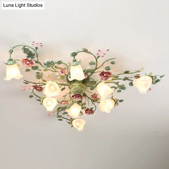 Turquoise Finish Country Flower Opaline Glass Ceiling Light - Semi Flush Mount