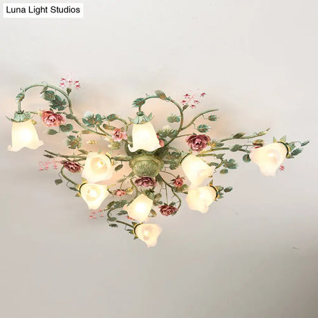 Turquoise Finish Country Flower Opaline Glass Ceiling Light - Semi Flush Mount