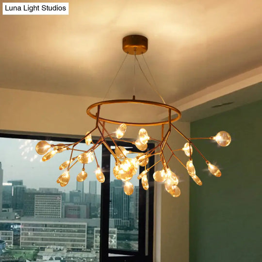 Twig Hanging Ceiling Chandelier With Glass Shade & Metal Ring - Modern Bedroom Light Fixture