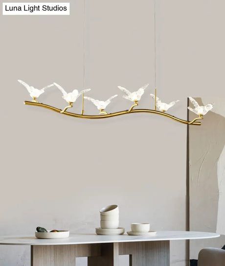 Twig Pendant Lamp With Bird Decor Gold Finish & Led Acrylic Island Light