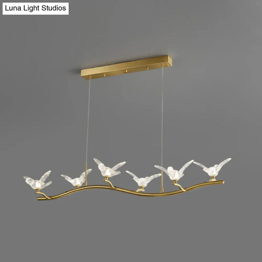 Twig Pendant Lamp With Bird Decor Gold Finish & Led Acrylic Island Light 6 /