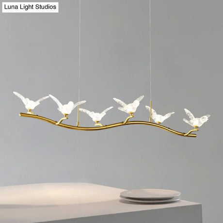 Twig Pendant Lamp With Bird Decor Gold Finish & Led Acrylic Island Light