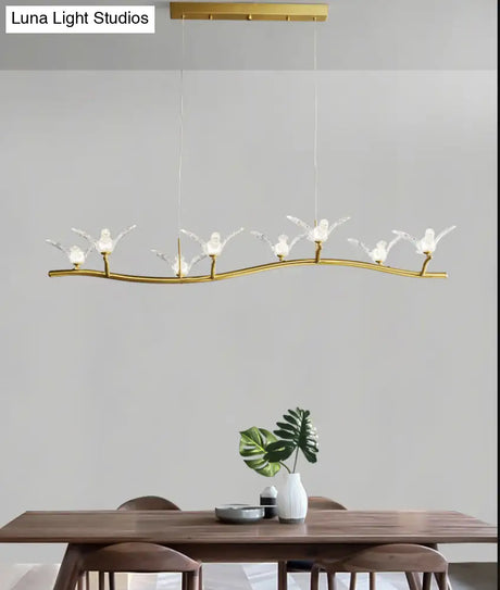 Twig Pendant Lamp With Bird Decor Gold Finish & Led Acrylic Island Light
