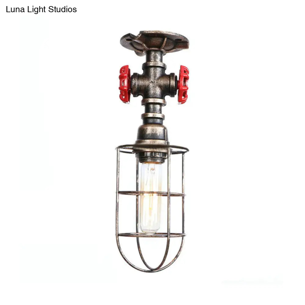 Valve Nautical Style Cage Metal Semi Flush Light - 1 Living Room Ceiling Fixture In Black/Bronze