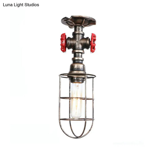 Valve Nautical Style Cage Metal Semi Flush Light - 1 Living Room Ceiling Fixture In Black/Bronze